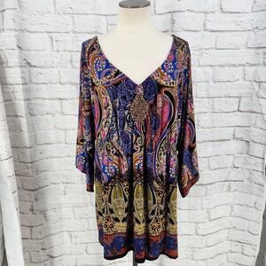 One World Tunic Top Beaded Fairy Ren Faire Boho Hippie Flare Sleeve Stretch 2X